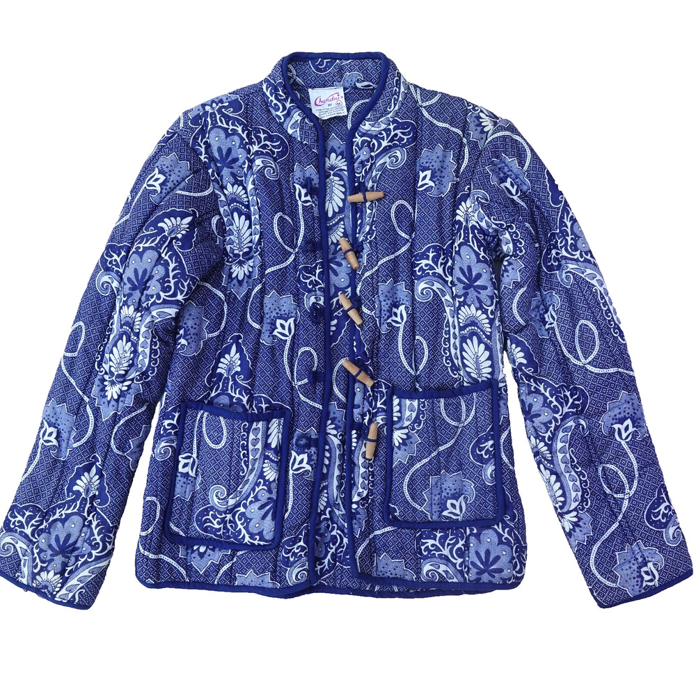 Vtg Chandni Boho Floral Quilted Jacket Women’s M Blue White Frog Button Indie